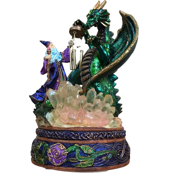 Vintage Musical Sculpture Fantasy Wizard And Dragon Crystals And Wind Chime - Picture 12 of 16